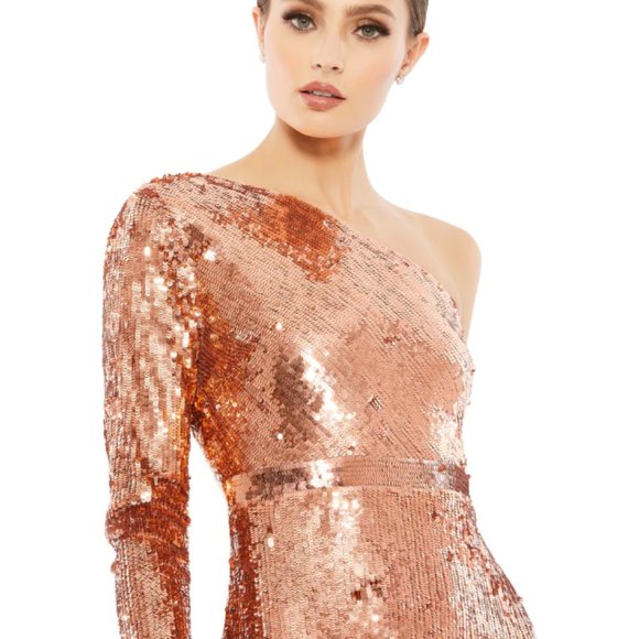 MAC DUGGAL 10788 SEQUINED ONE SLEEVE COLUMN COPPER GOWN sz 0 - Picture 2 of 5